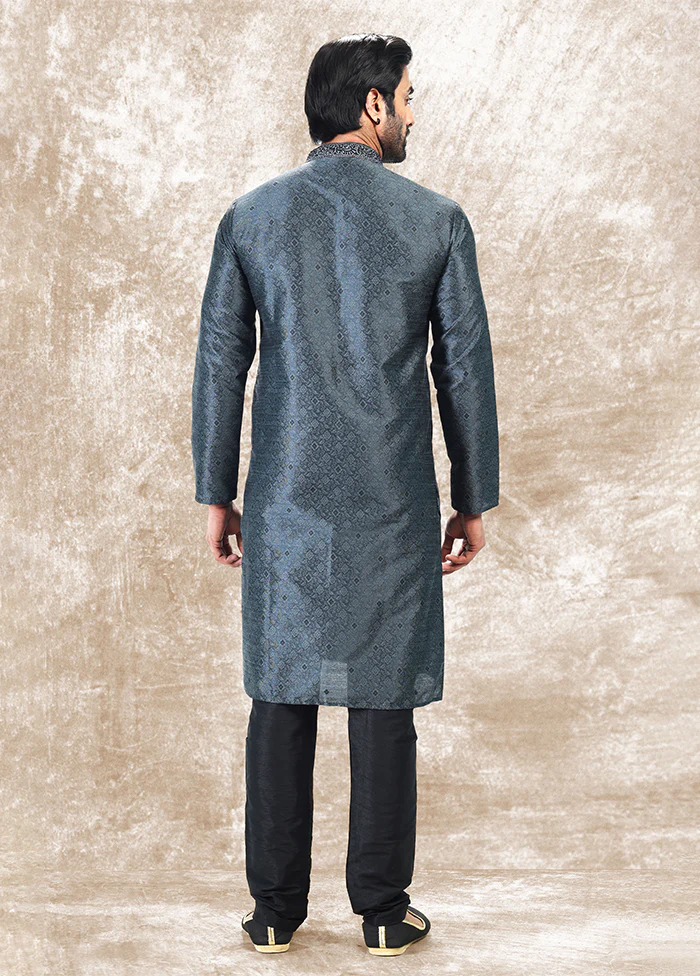 Grey Silk Kurta & Pajama Set - Image 3