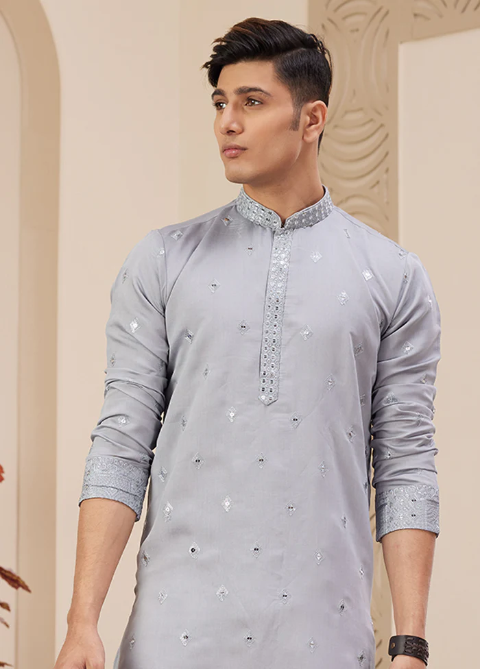 Grey Silk Kurta & Pajama Set - Image 2