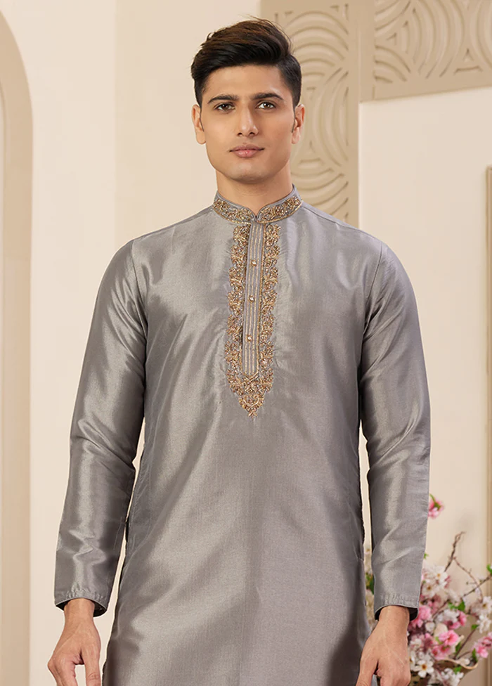 Grey Silk Kurta & Pajama Set - Image 2