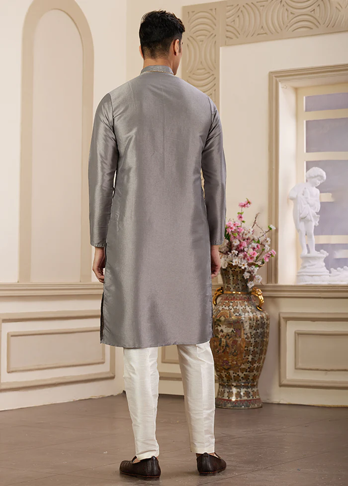 Grey Silk Kurta & Pajama Set - Image 3