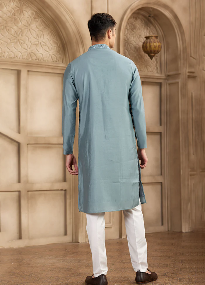 Grey Silk Kurta & Pajama Set - Image 3