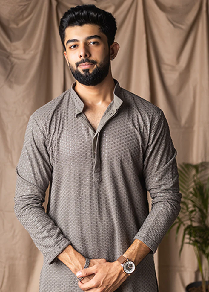 Grey Silk Kurta & Pajama Set - Image 2