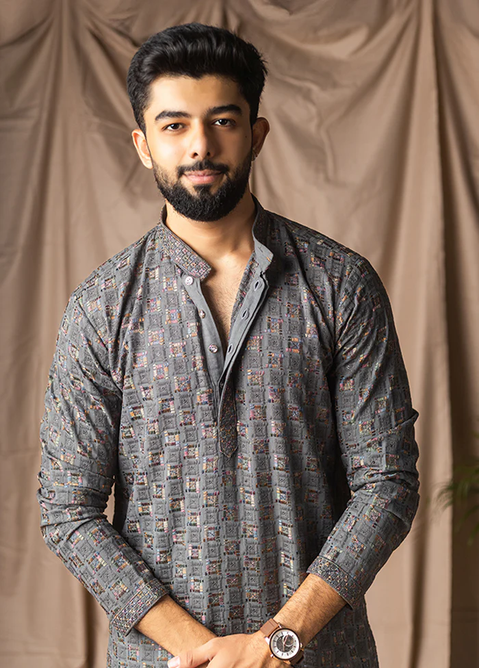 Grey Silk Kurta & Pajama Set - Image 2