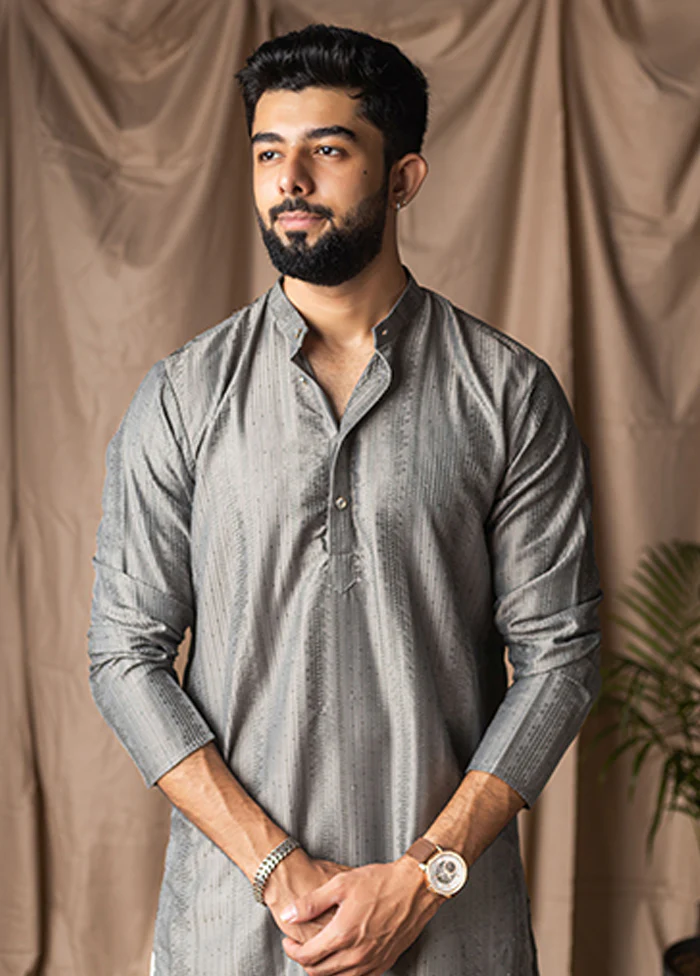Grey Silk Kurta & Pajama Set - Image 2