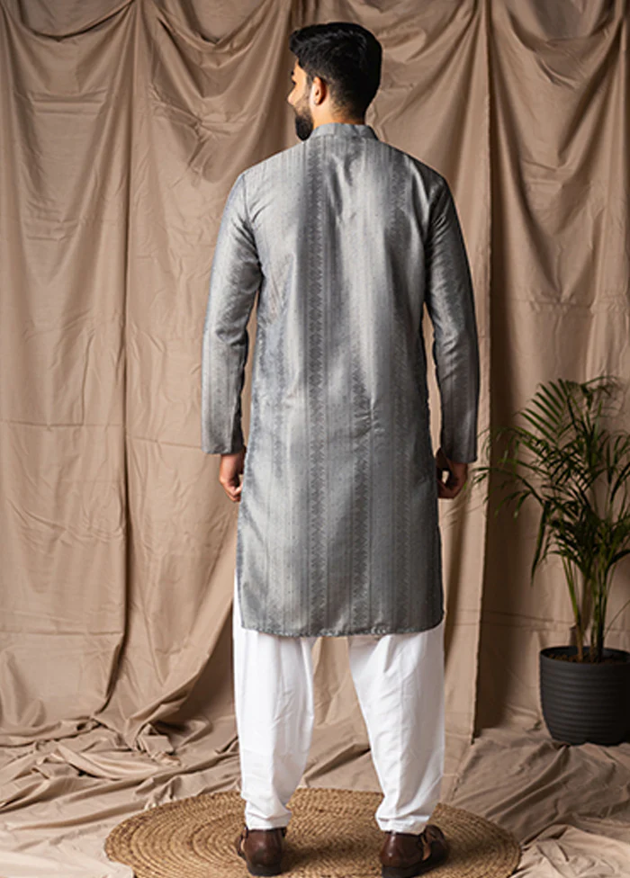 Grey Silk Kurta & Pajama Set - Image 3