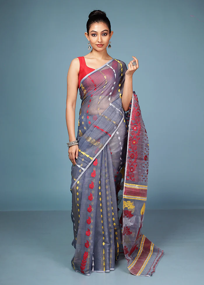 Grey Tant Cotton Saree Without Blouse Piece - Image 2