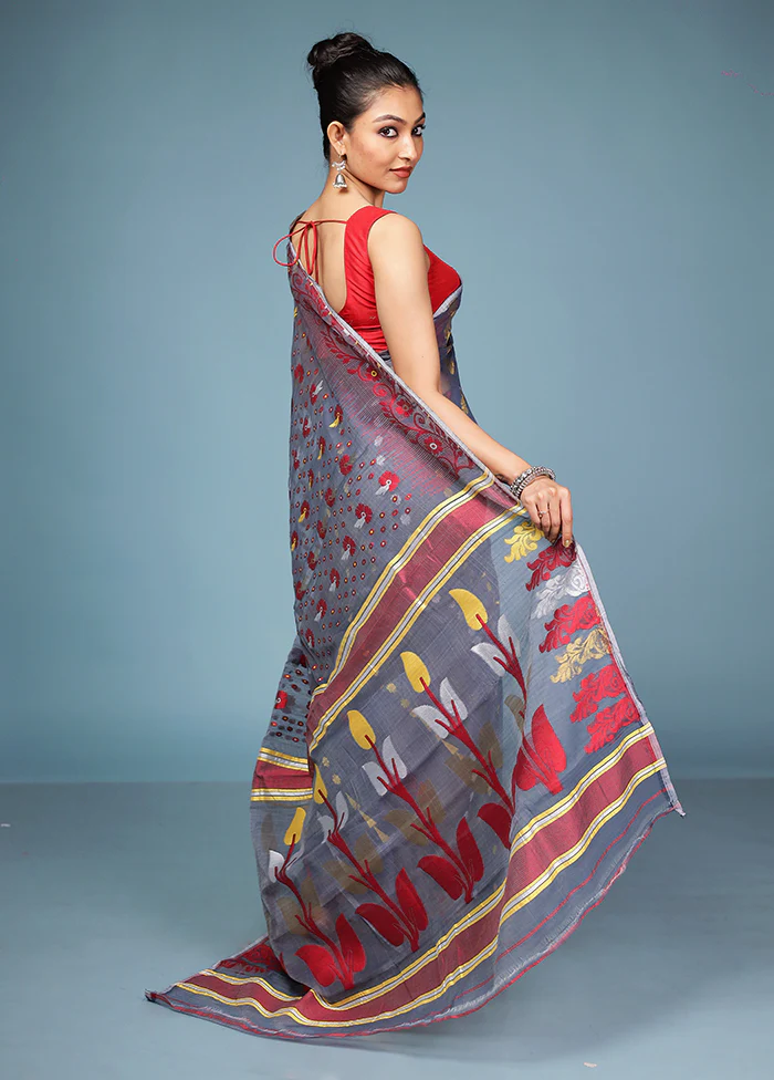 Grey Tant Cotton Saree Without Blouse Piece - Image 3