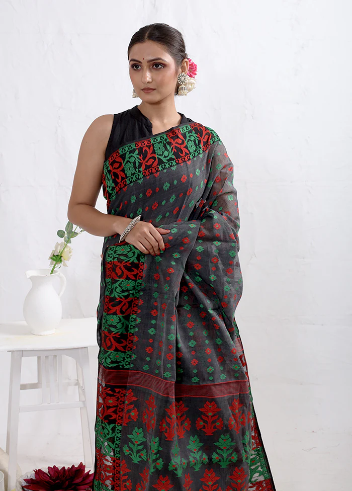 Grey Tant Jamdani Saree Without Blouse Piece