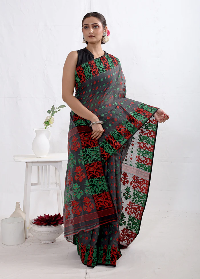 Grey Tant Jamdani Saree Without Blouse Piece - Image 2