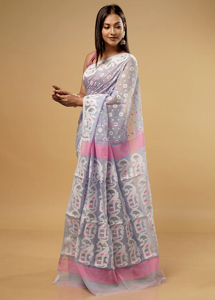 Grey Tant Jamdani Saree Without Blouse Piece - Image 5