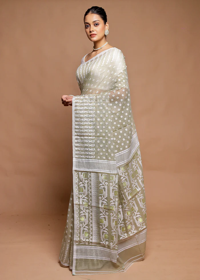 Grey Tant Jamdani Saree Without Blouse Piece - Image 4