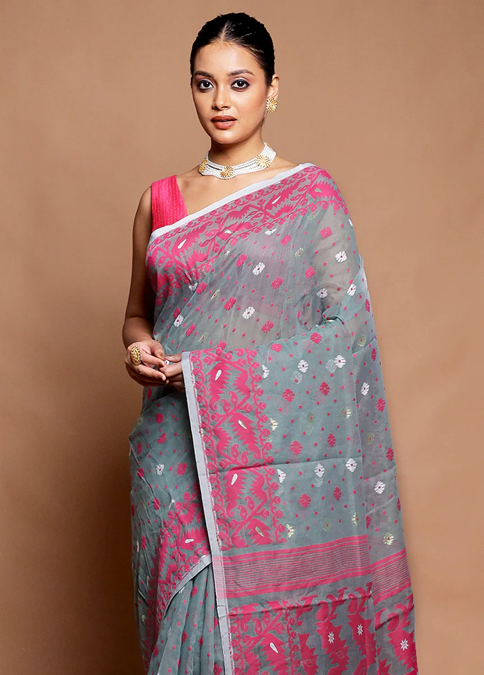 Grey Tant Jamdani Saree Without Blouse Piece - Image 2