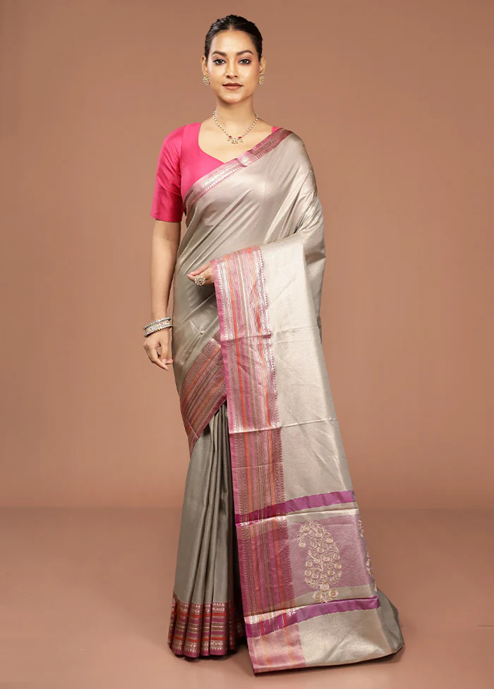 Grey Tissue Silk Saree With Blouse Piece - Image 2
