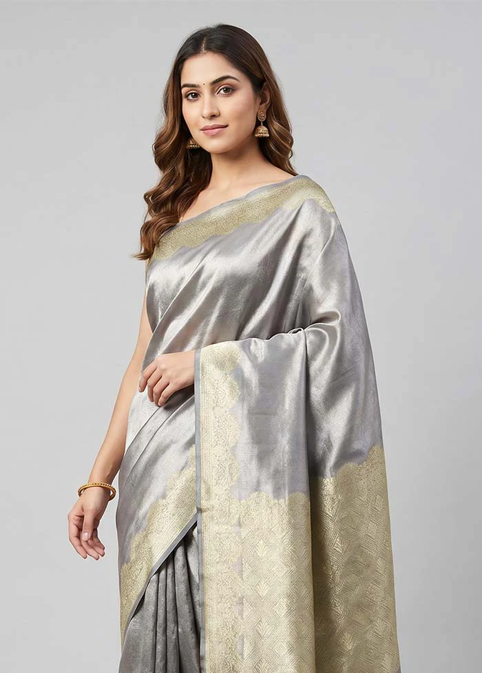 Grey Tissue Silk Saree With Blouse Piece - Image 2