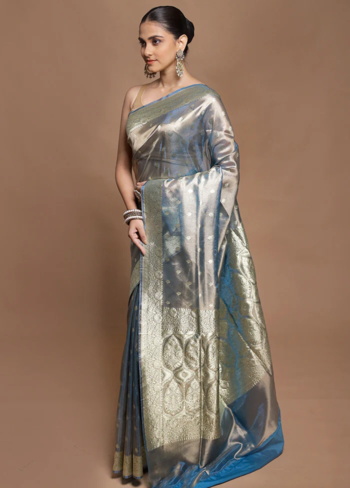 Grey Tissue Silk Saree With Blouse Piece - Image 4