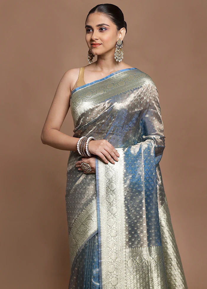 Grey Tissue Silk Saree With Blouse Piece - Image 2
