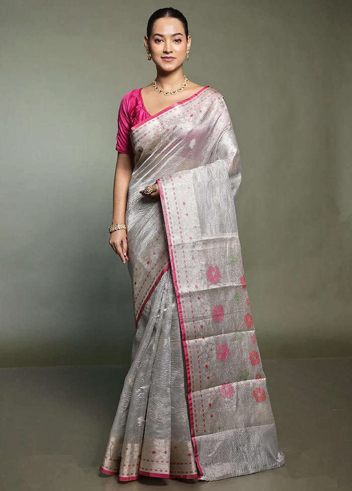 Grey Crushed Tissue Silk Saree With Blouse Piece