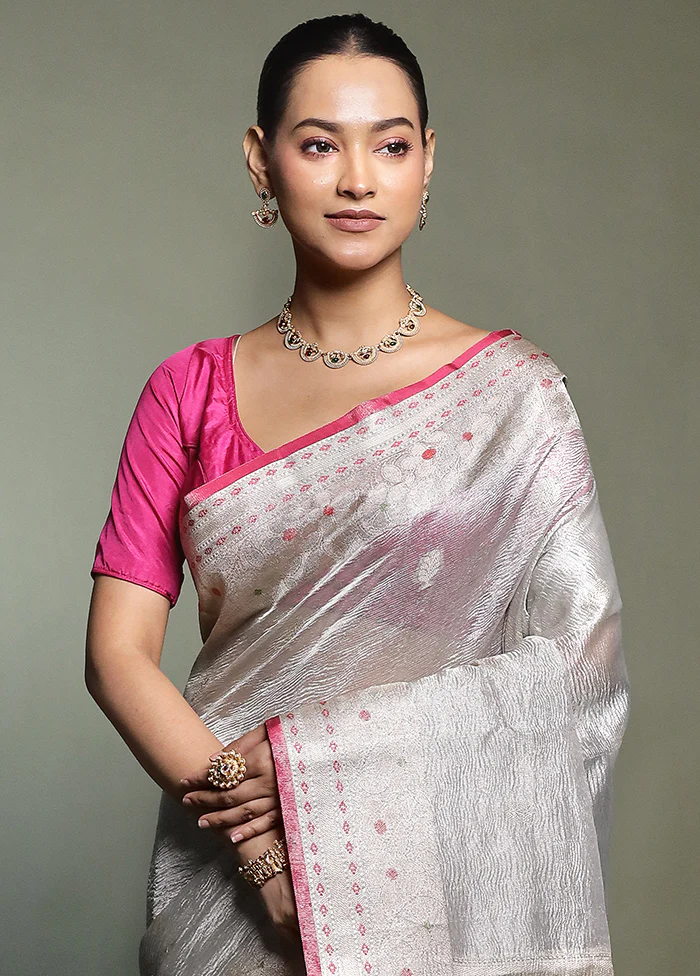 Grey Crushed Tissue Silk Saree With Blouse Piece - Image 2