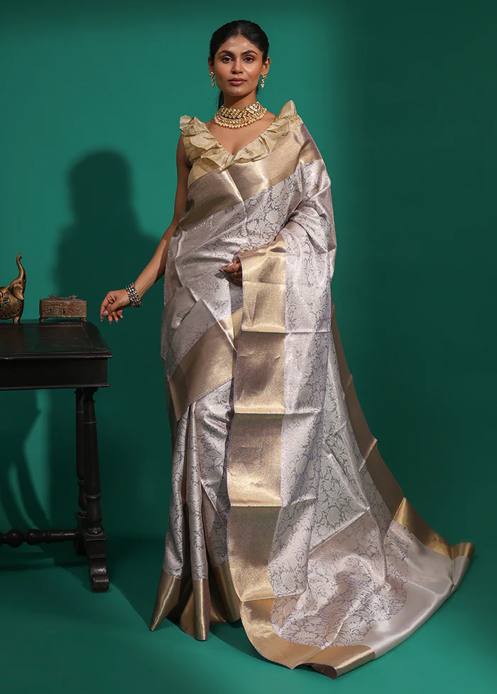 Grey Tissue Silk Saree With Blouse Piece - Image 2