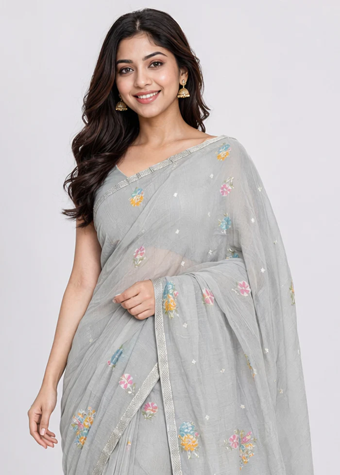 Grey Tissue Silk Saree With Blouse Piece - Image 2