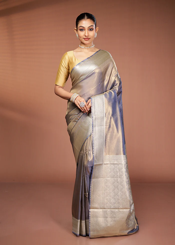 Grey Tissue Silk Saree With Blouse Piece - Image 2