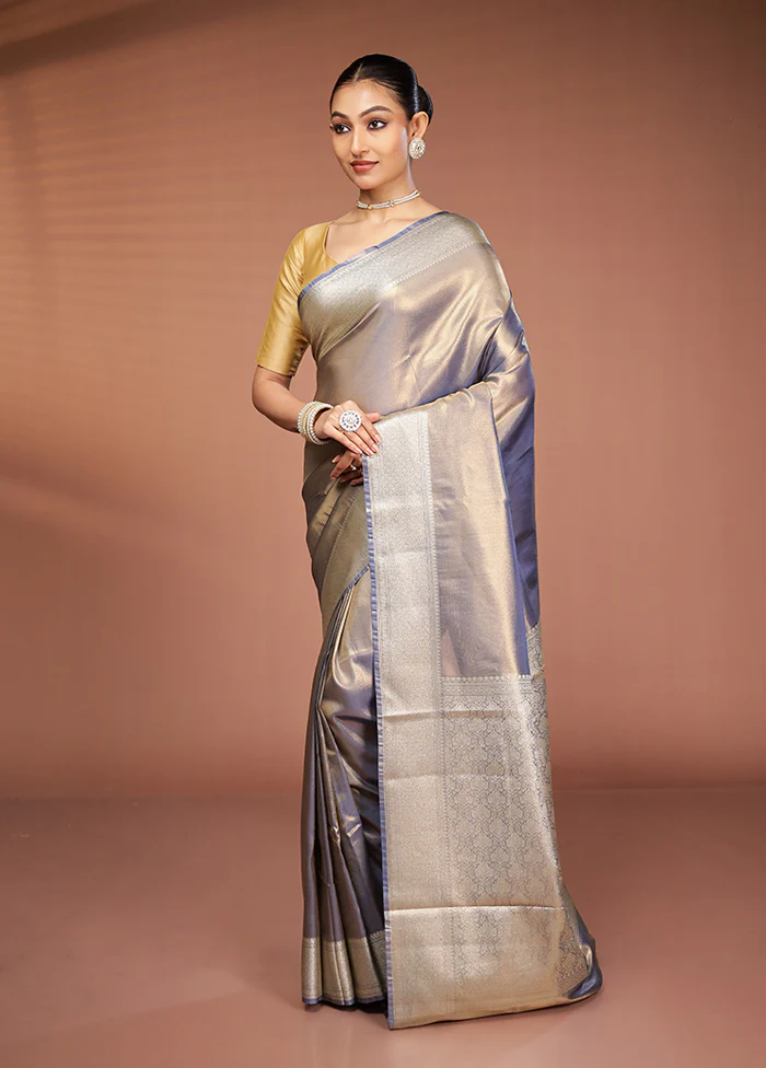 Grey Tissue Silk Saree With Blouse Piece - Image 4