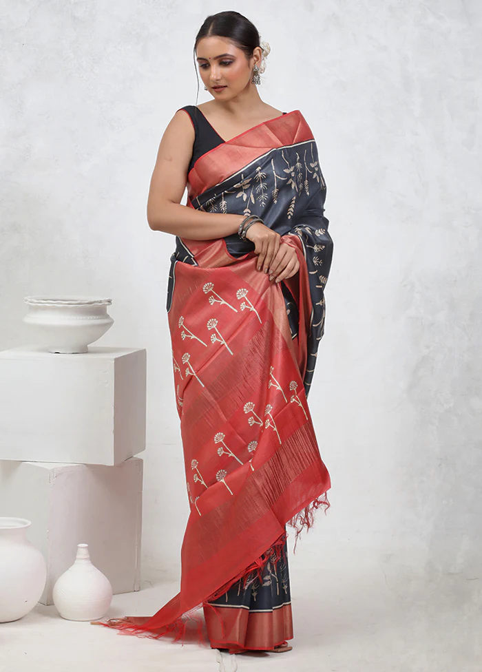 Grey Tussar Pure Silk Saree With Blouse Piece - Image 2