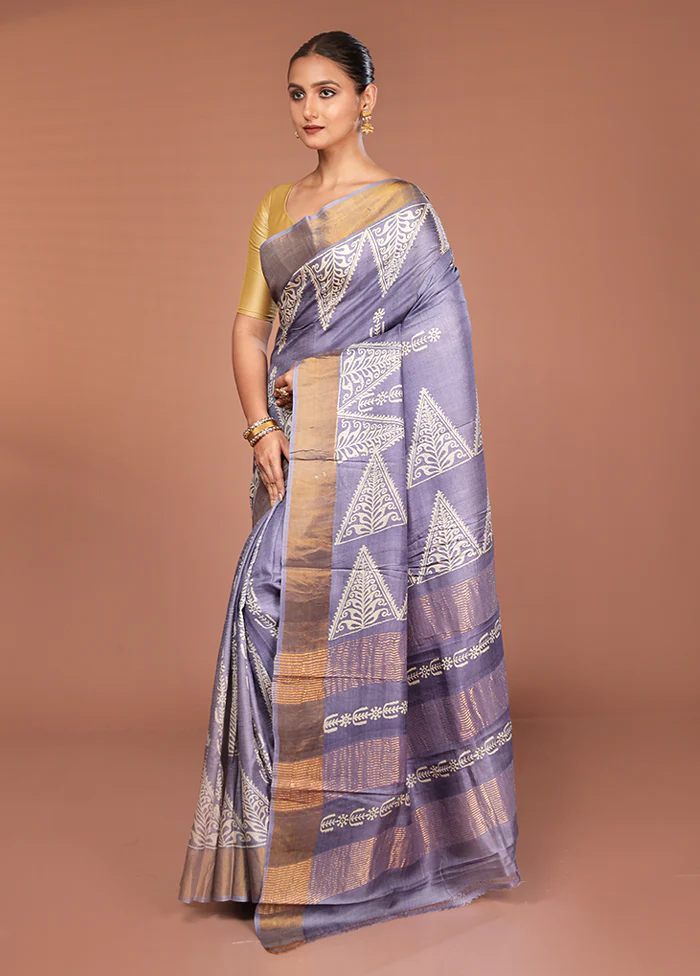 Grey Tussar Silk Saree With Blouse Piece - Image 4