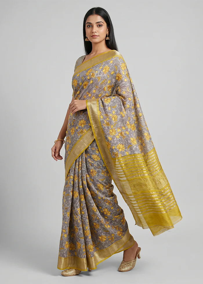 Grey Tussar Silk Saree With Blouse Piece