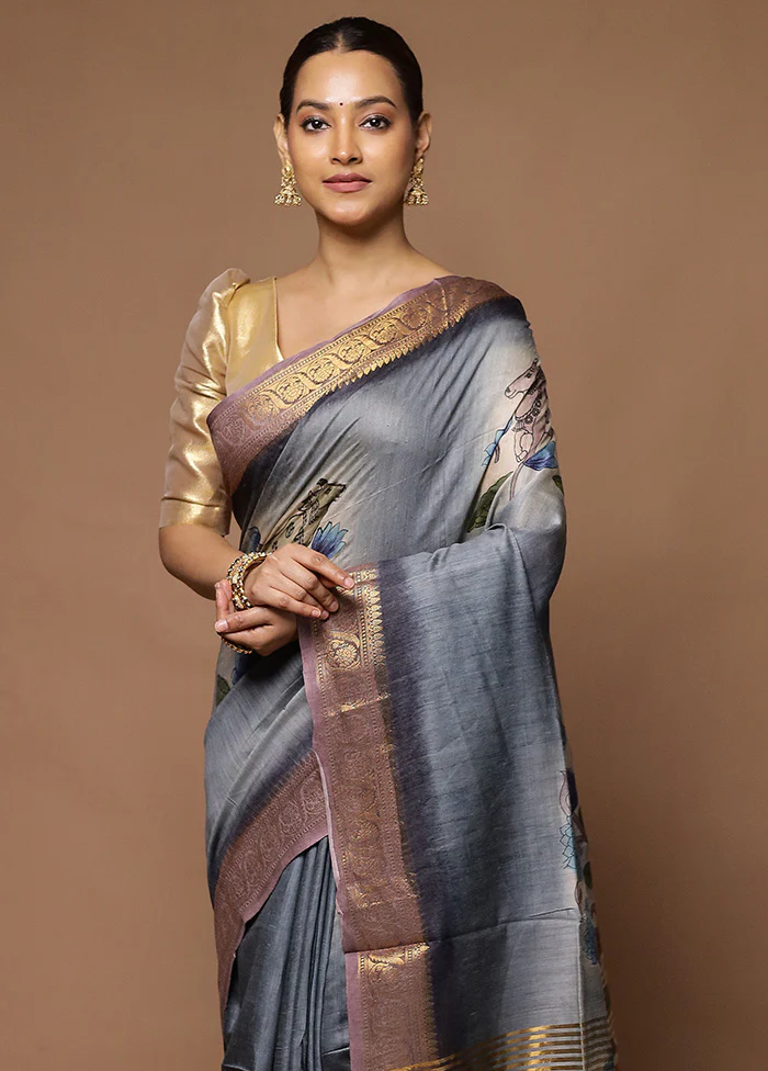 Grey Tussar Silk Saree With Blouse Piece - Image 2