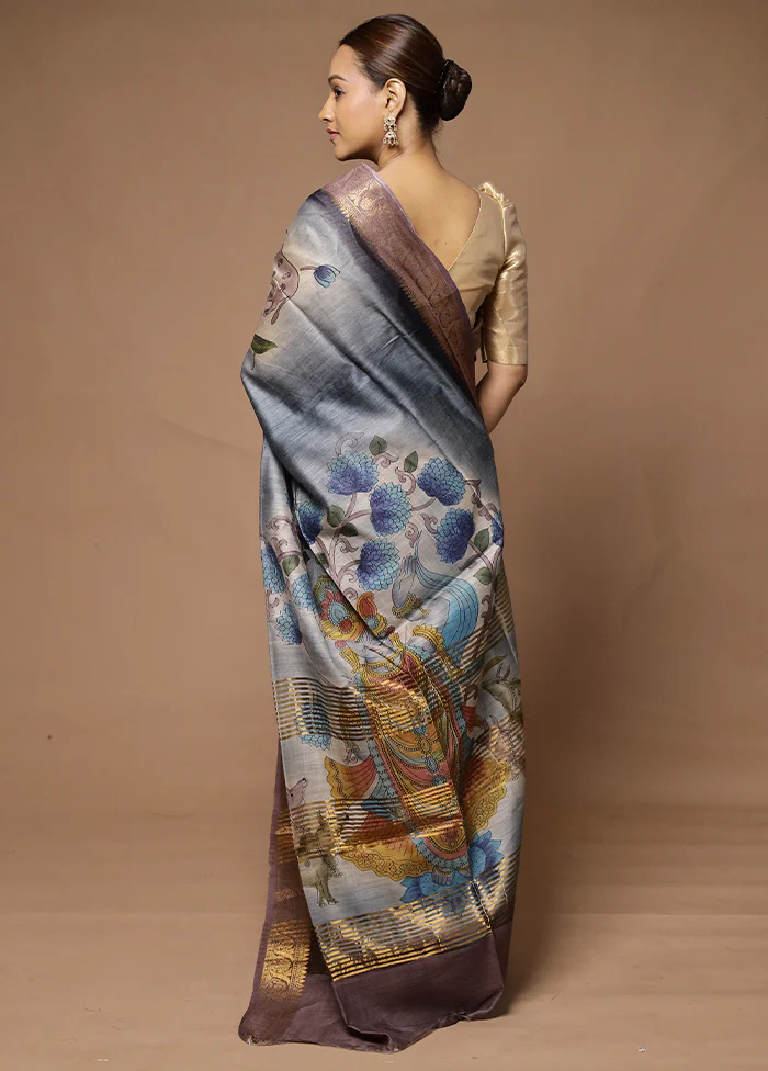 Grey Tussar Silk Saree With Blouse Piece - Image 3