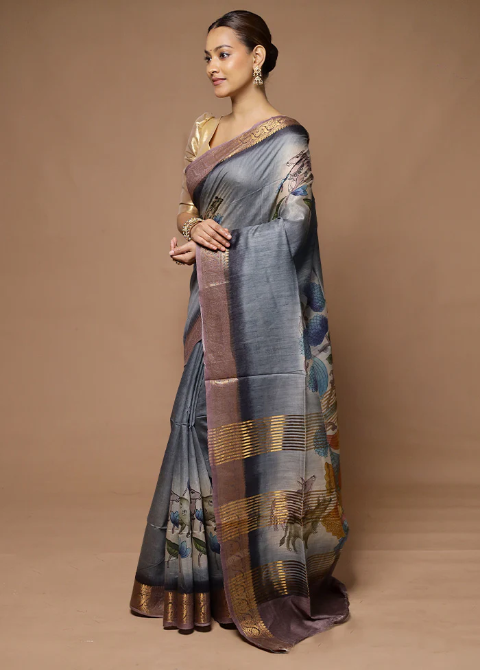 Grey Tussar Silk Saree With Blouse Piece - Image 4