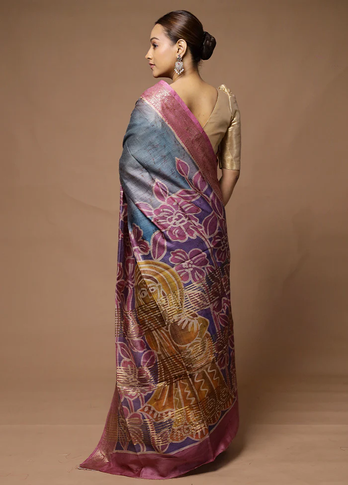 Grey Tussar Silk Saree With Blouse Piece - Image 3