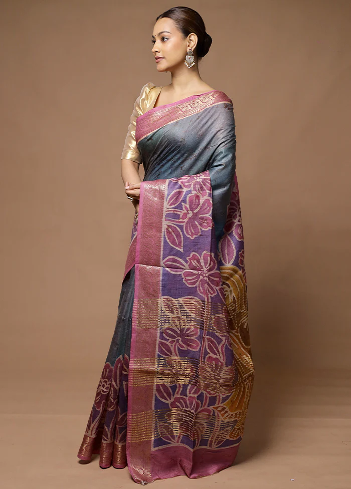 Grey Tussar Silk Saree With Blouse Piece - Image 4