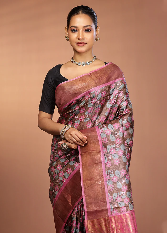 Grey Tussar Silk Saree With Blouse Piece