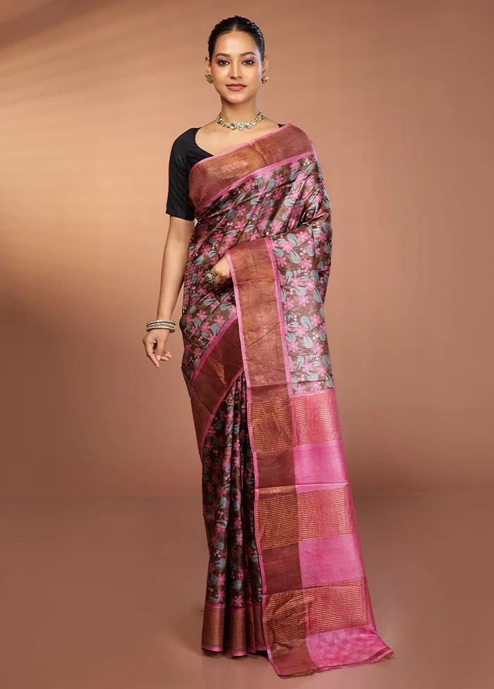 Grey Tussar Silk Saree With Blouse Piece - Image 2