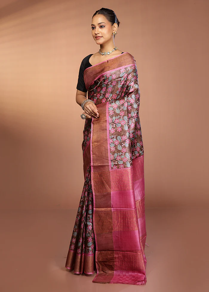Grey Tussar Silk Saree With Blouse Piece - Image 4