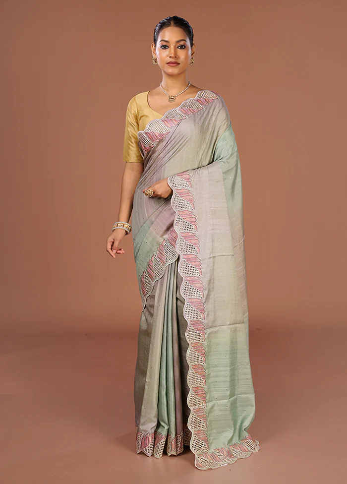 Grey Tussar Silk Saree With Blouse Piece - Image 2