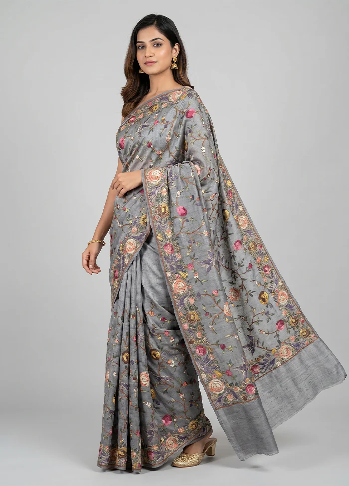 Grey Tussar Silk Saree With Blouse Piece