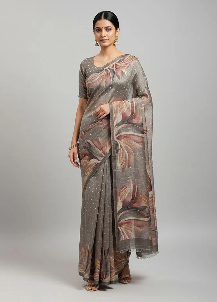 Grey Tussar Silk Saree With Blouse Piece