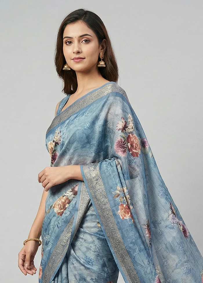Grey Tussar Silk Saree With Blouse Piece - Image 2