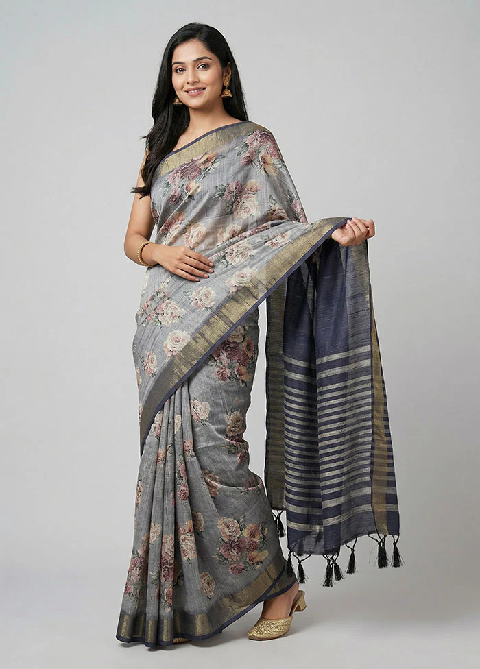 Grey Tussar Silk Saree With Blouse Piece