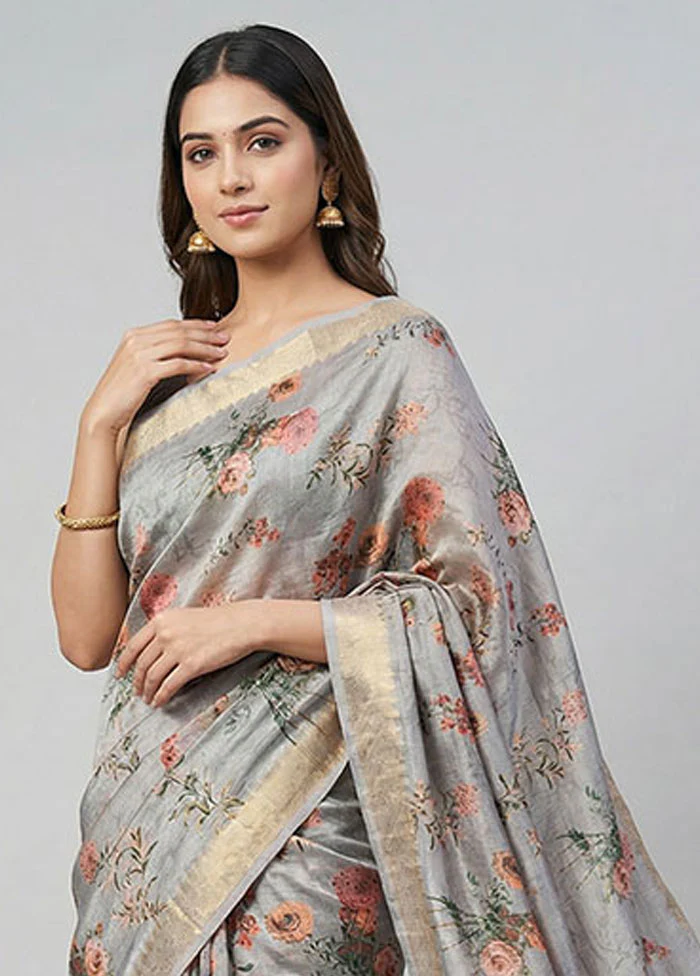 Grey Tussar Silk Saree With Blouse Piece - Image 2
