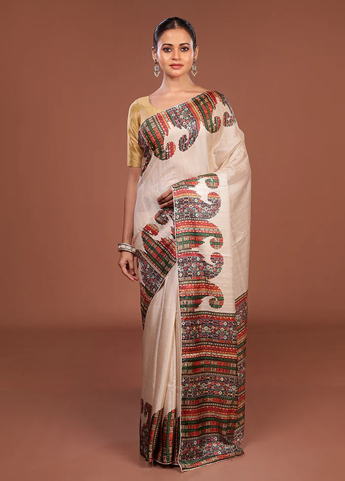 Grey Tussar Silk Saree With Blouse Piece - Image 2