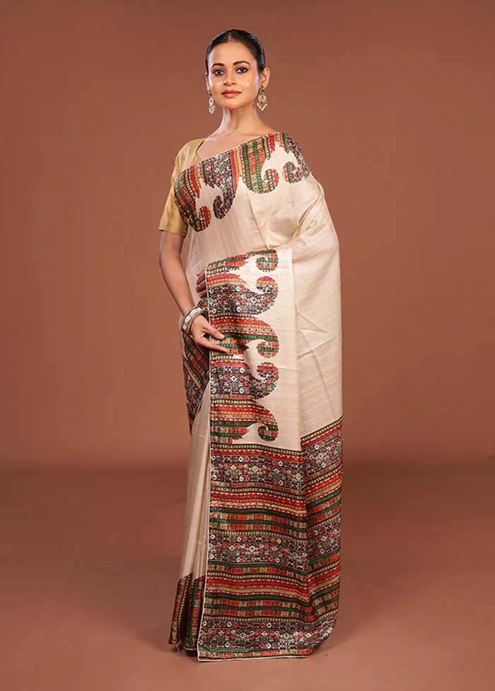 Grey Tussar Silk Saree With Blouse Piece - Image 4