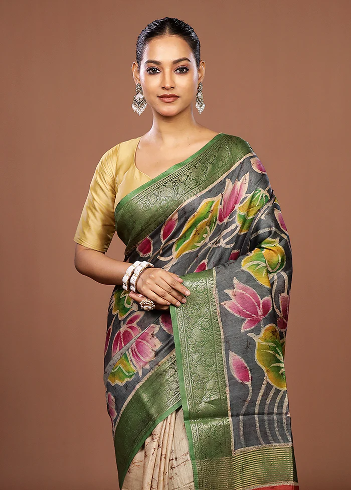 Grey Tussar Silk Saree With Blouse Piece
