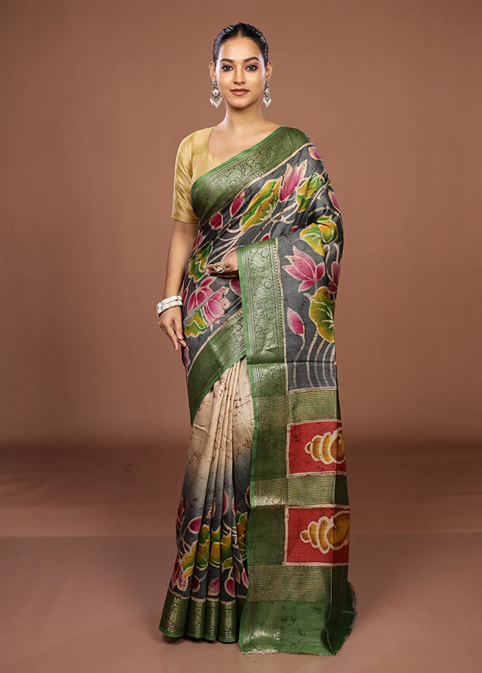 Grey Tussar Silk Saree With Blouse Piece - Image 2