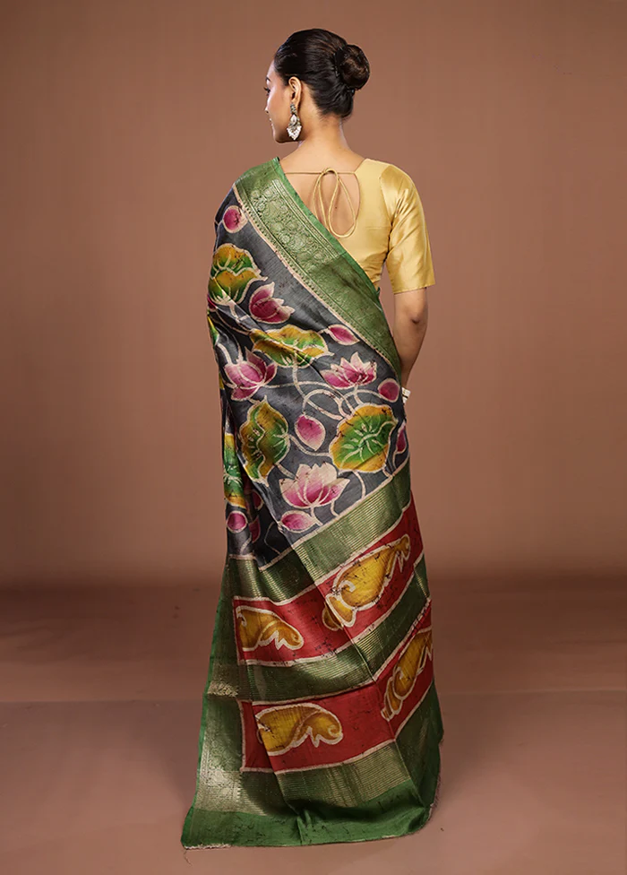 Grey Tussar Silk Saree With Blouse Piece - Image 3