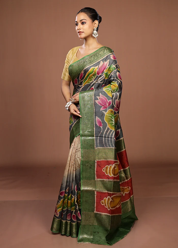 Grey Tussar Silk Saree With Blouse Piece - Image 4