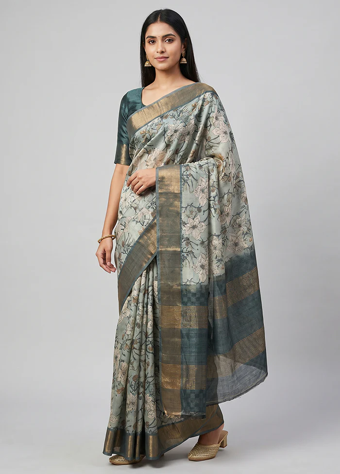 Grey Tussar Silk Saree With Blouse Piece